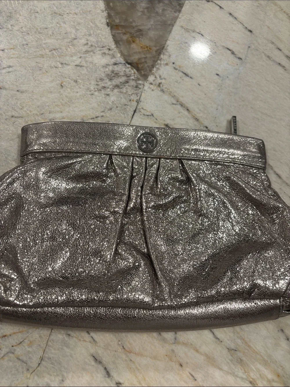 Tory Burch Shimmery Pewter Leather Wristlet Clutch